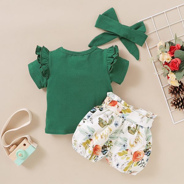 Conjunto para bebé/niña 3 piezas blusa, shorts y banda de tela para el cabello, color verde diseño floral